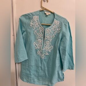 Charter Club luxury petite women's 100% linen embellished tunic top aqua S